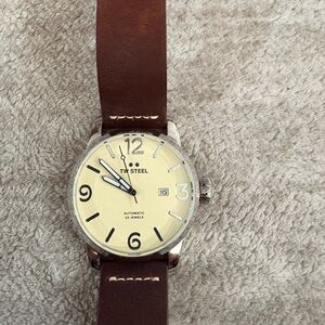 TW Steel Cream Dial Watch with Brown Leather Strap